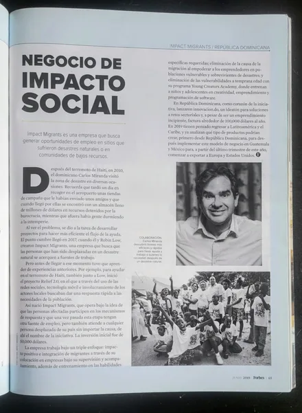 Page 65 of Forbes Centroamérica y República Dominicana, June 2019: «Negocio de impacto social», with Carlos Miranda Levy’s portrait