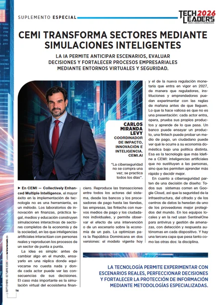 Page 114 of Revista Mercado’s Tech Leaders 2026 supplement, with Carlos Miranda Levy’s profile